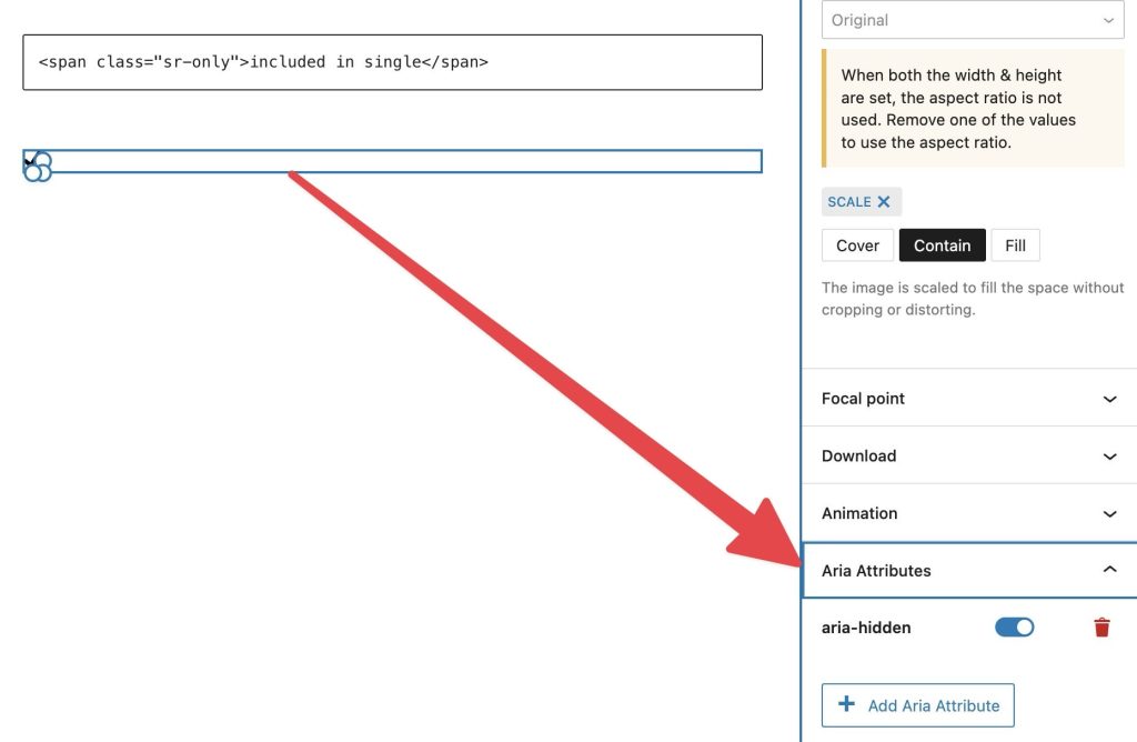 Screenshot. Red arrow pointing from a visually hidden span element to the ‘aria-hidden’ toggle in the Block Editor sidebar, highlighting how the image is hidden from assistive technologies.