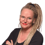 Portrait of Anne Bovelett. A smiling woman with long blonde hair in a luxuriant high ponytail and round glasses.
